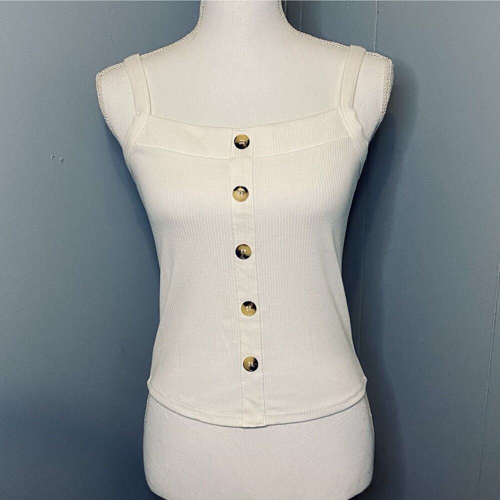 Poof New York White Ribbed Tank Button Detail Semi Crop